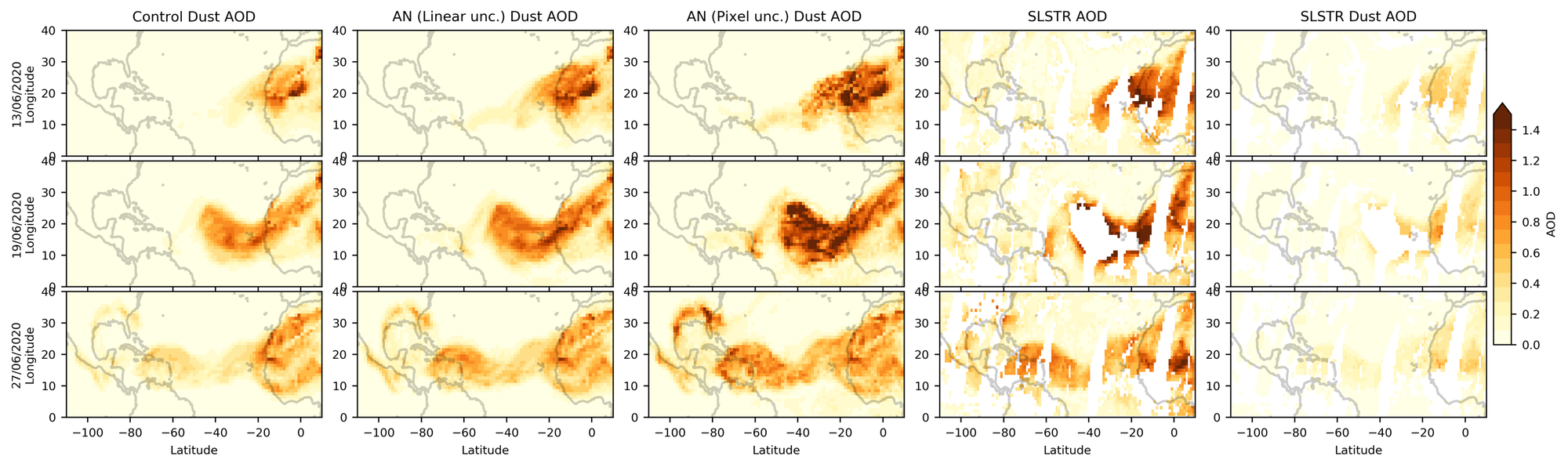 Figure 1: Control simulation Dust AOD, dust AOD analyses using two approaches for the uncertainty specification of assimilated AOD, SLSTR AOD and SLSTR Dust AOD for 3 selected days of June 2020.