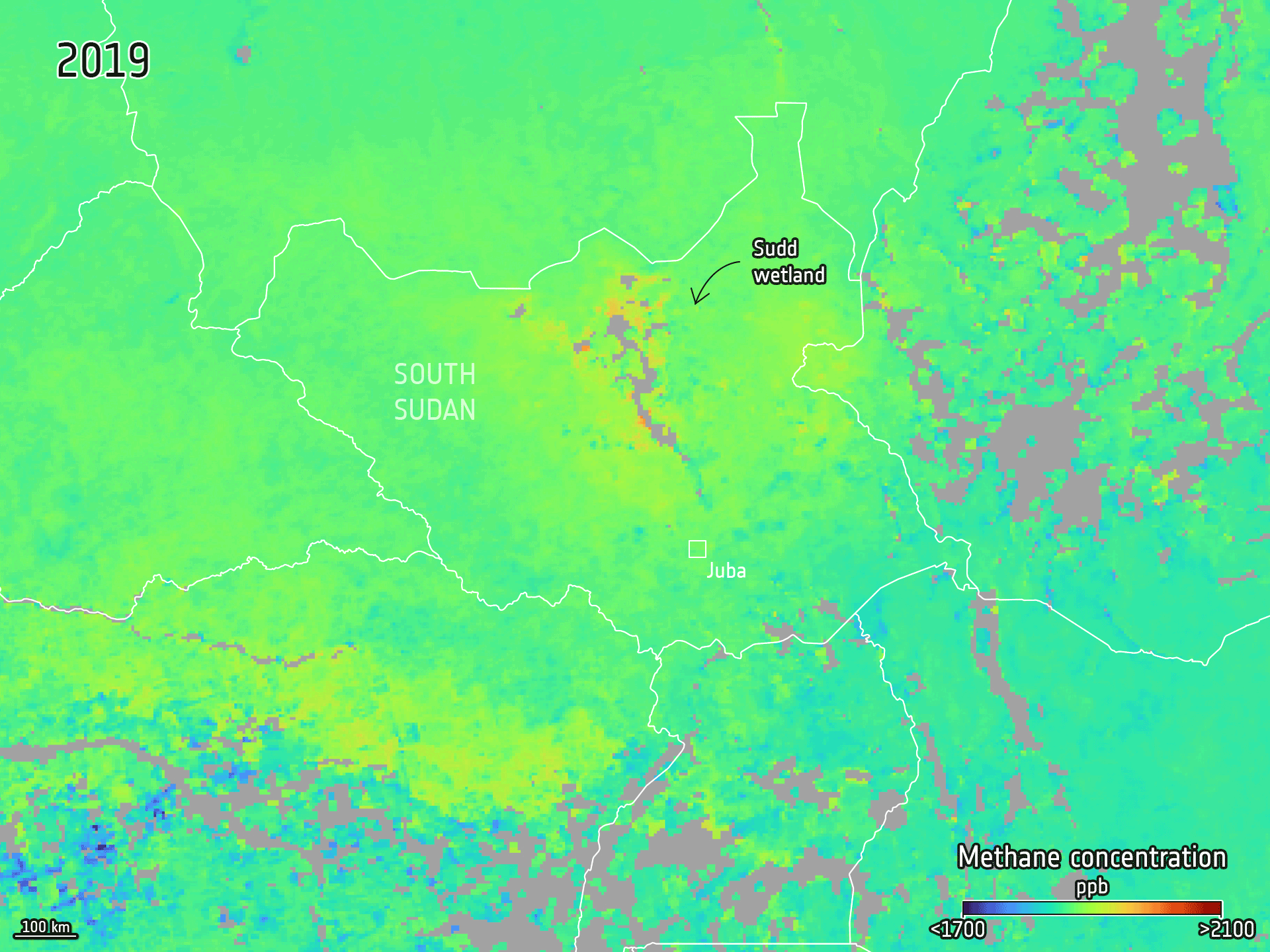 Changes in methane concentration 2019 contains modified Copernicus Sentinel data (2019–2022), processed by ESA
