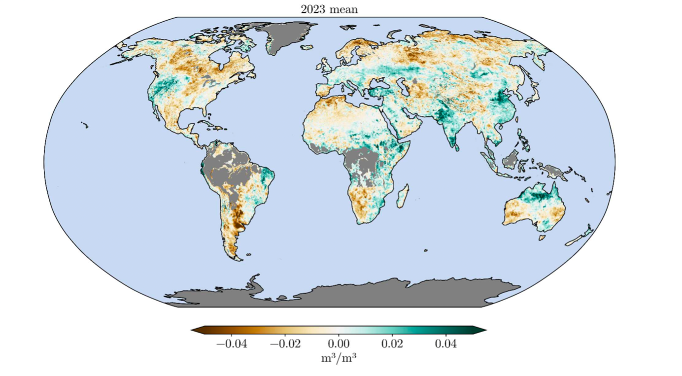 Mean Soil Moisture anomaly for 2023, with respect to the 1991-2020 baseline for the ESA CCI