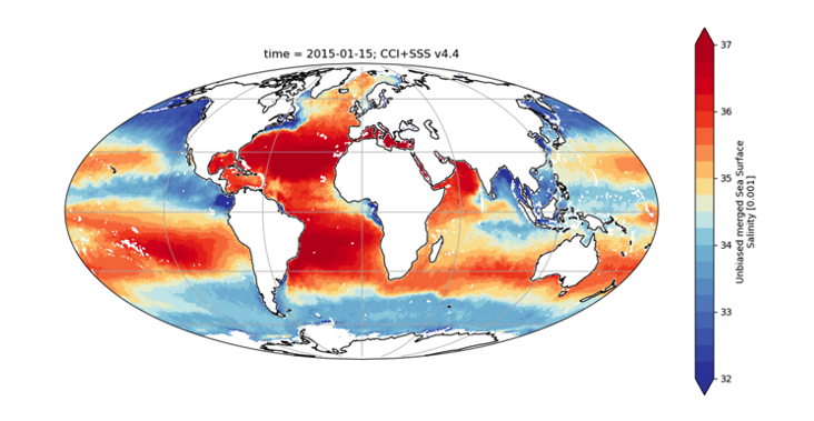 Example of monthly CCI L4 Sea Surface Salinity map (salinity units using practical salinity scale, PSS) (January 2015, v04.41)