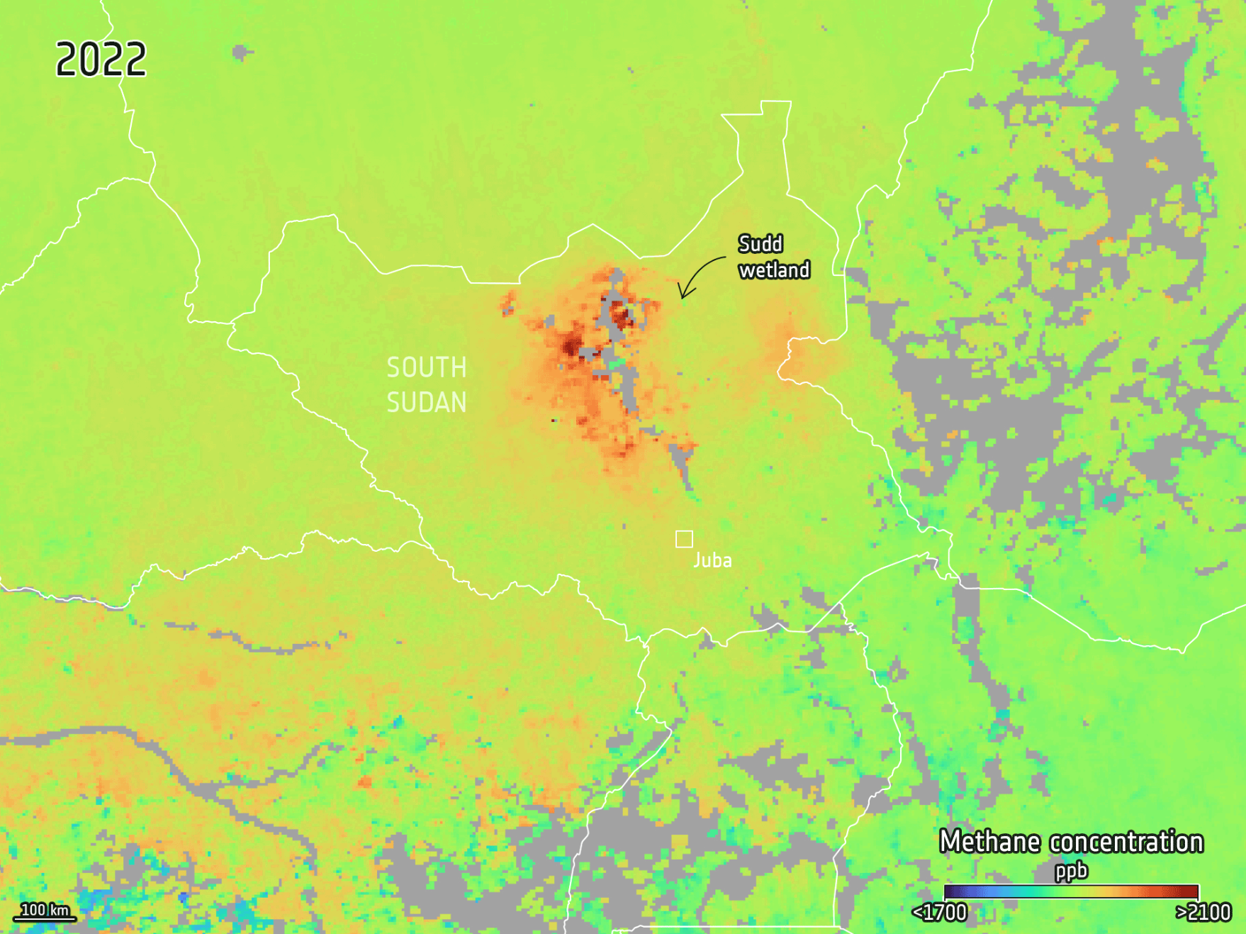 Changes in methane concentration 2022 contains modified Copernicus Sentinel data, processed by ESA