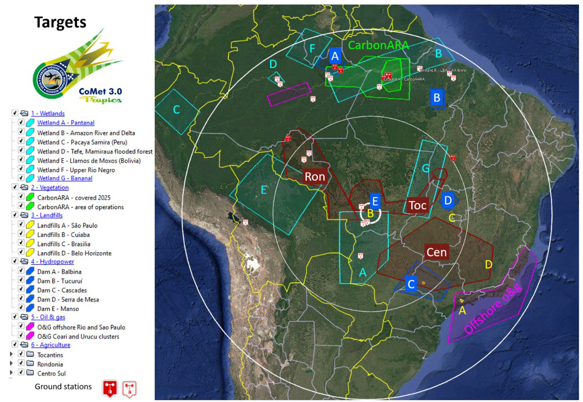 Map of target area and sites for Bracciole and CoMet 3.0 Tropics campaigns