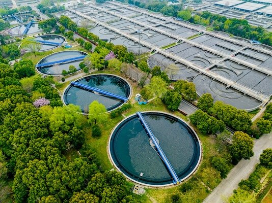 High-angle view of a water treatment facility in Serang, Indonesia during daytime.