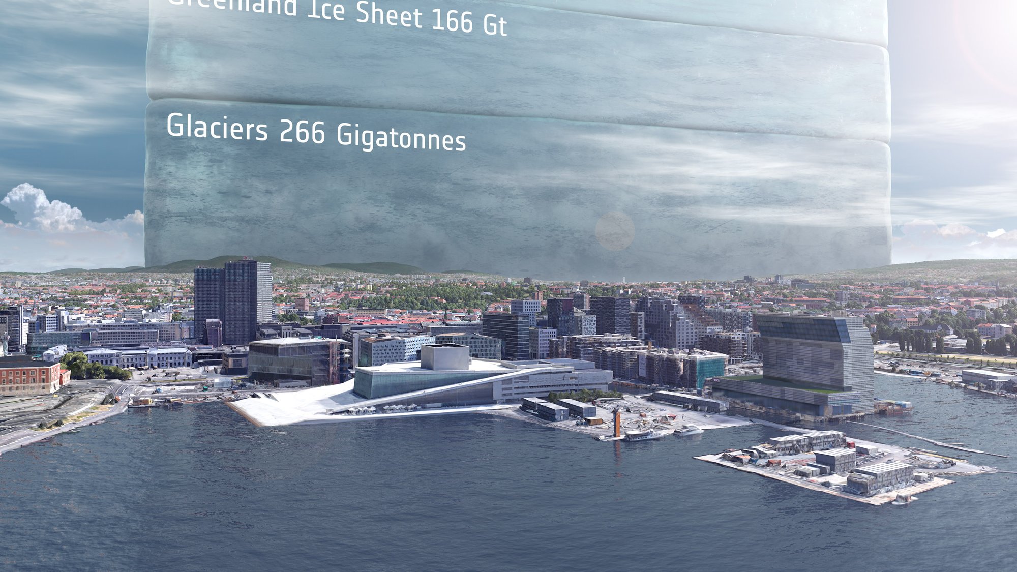Annual global ice loss - a cube towering over Oslo opera house