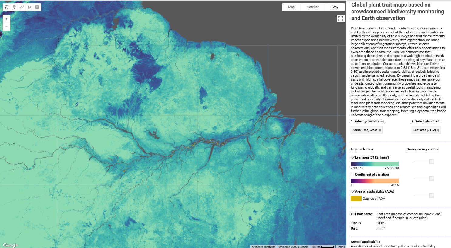 Global trait maps derived from the integration of crowd sourced plant observations, vegetation surveys, trait databases and Earth observation data